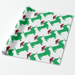 Papel De Regalo Dachshund verde claro con un Gorra de Santa Claus