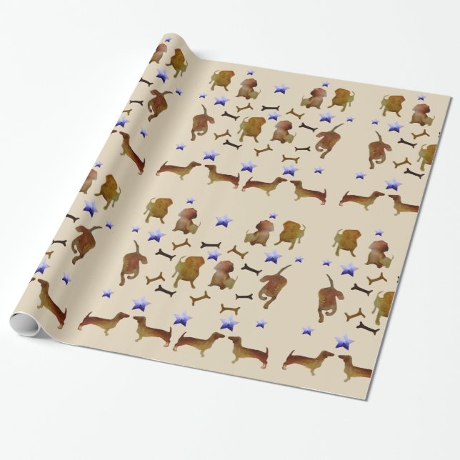 Papel De Regalo Dachshunds y la acuarela de los huesos de perro (Desenrollado)