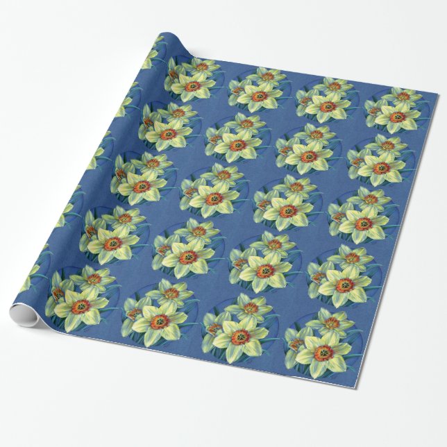 Papel De Regalo Daffodils fino arte azul envoltura amarillo (Desenrollado)