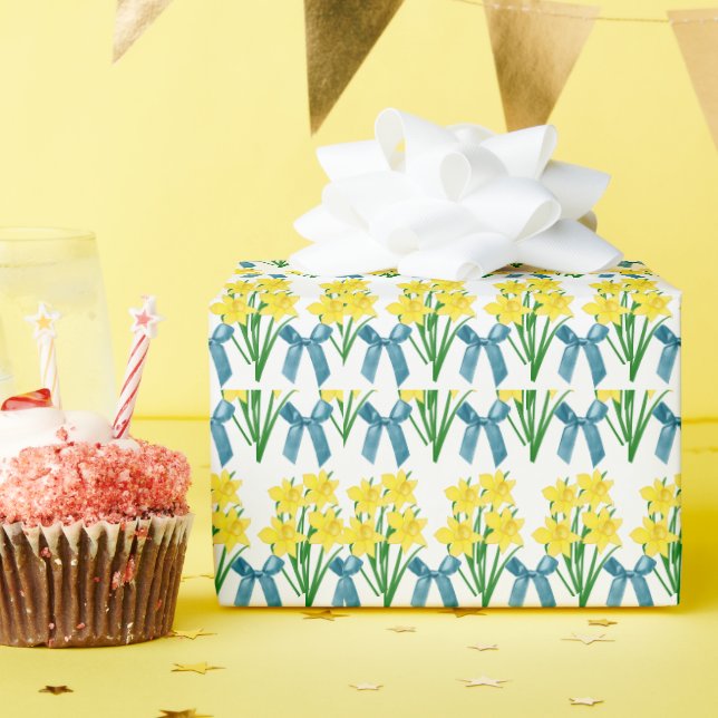 Papel De Regalo Dafóditos amarillos y arcos azules / naves florale (Fiesta de cumpleaños )