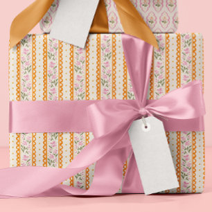 Papel De Regalo Dainty Floral Rayas Patrón Naranja Rosa