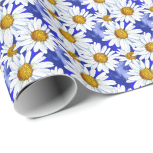 Papel De Regalo Daisies acuarelas sobre el azul denim