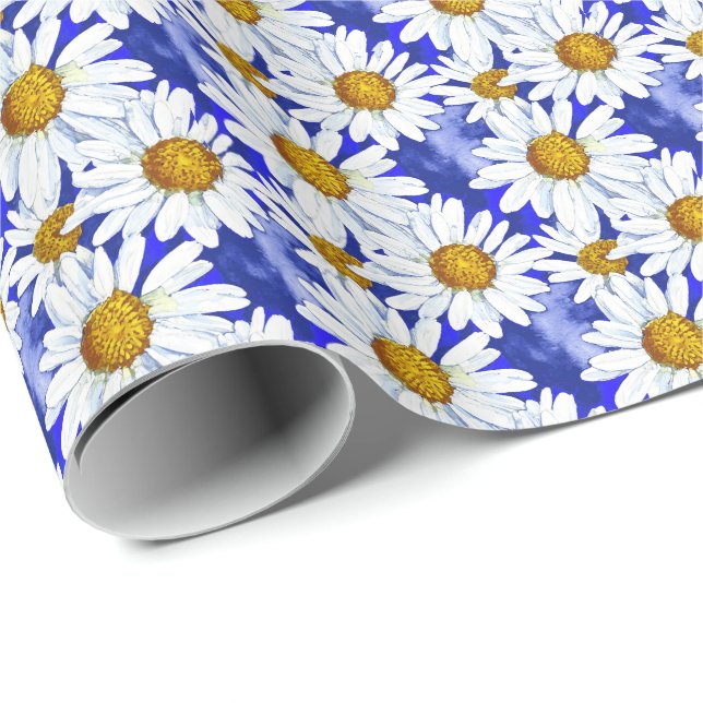 Papel De Regalo Daisies acuarelas sobre el azul denim (Esquina del rollo)