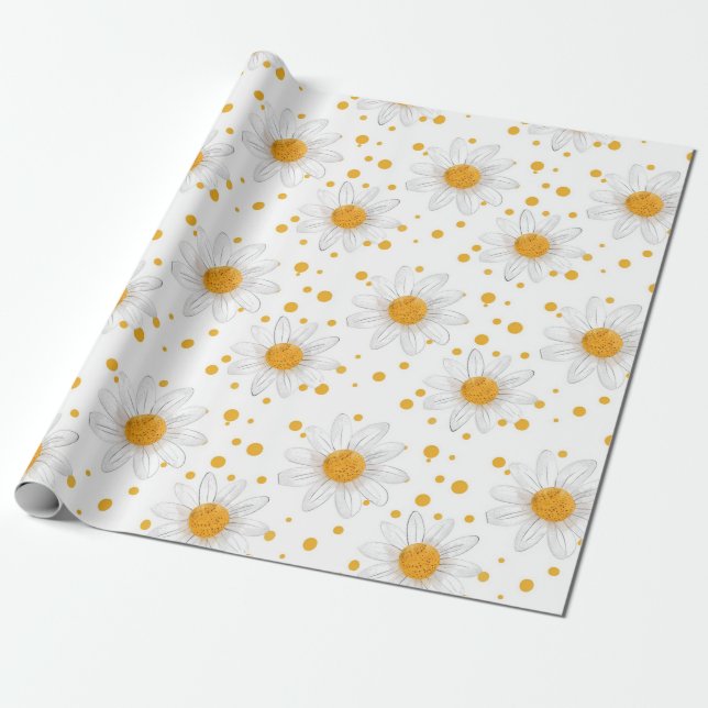 Papel De Regalo Daisies blancos brillantes con centros amarillos (Desenrollado)