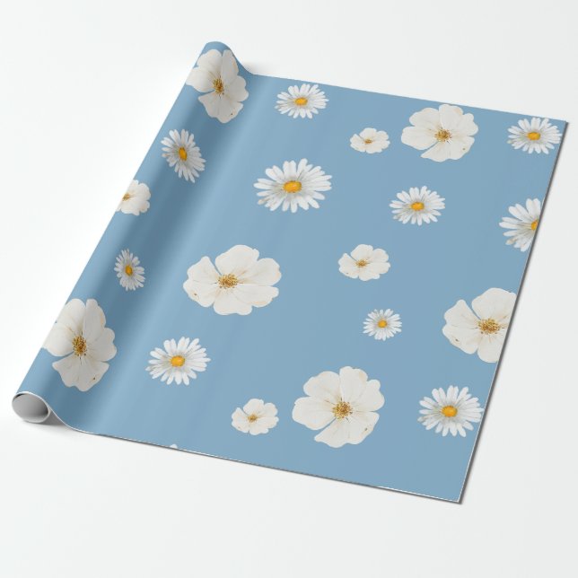 Papel De Regalo Daisies blancos en azul (Desenrollado)