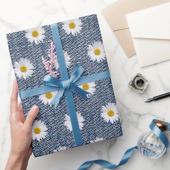 Papel De Regalo Daisies blancos en Denim (Regalar)