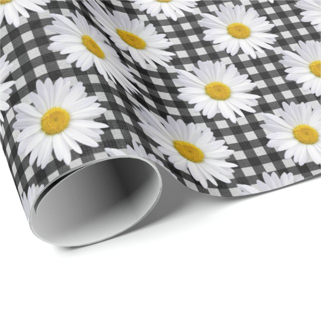 Papel De Regalo Daisies Blancos En Gingham (Esquina del rollo)