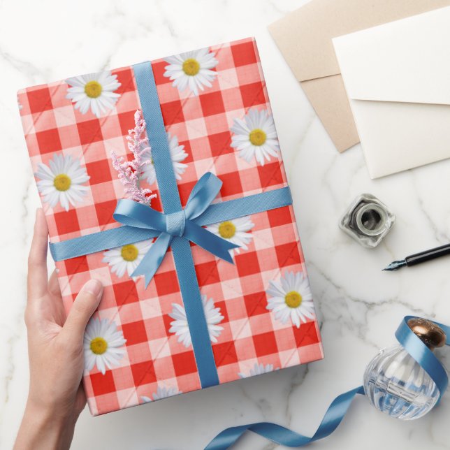 Papel De Regalo Daisies blancos en Gingham blanco y rojo (Regalar)