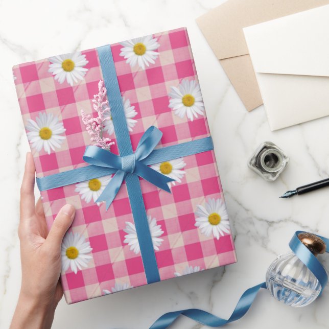 Papel De Regalo Daisies blancos en Gingham rosa y Blanca (Regalar)