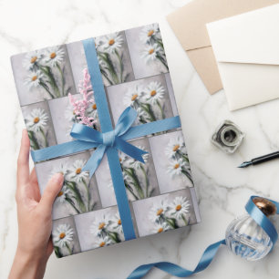 Papel De Regalo Daisies Blancos En Gris