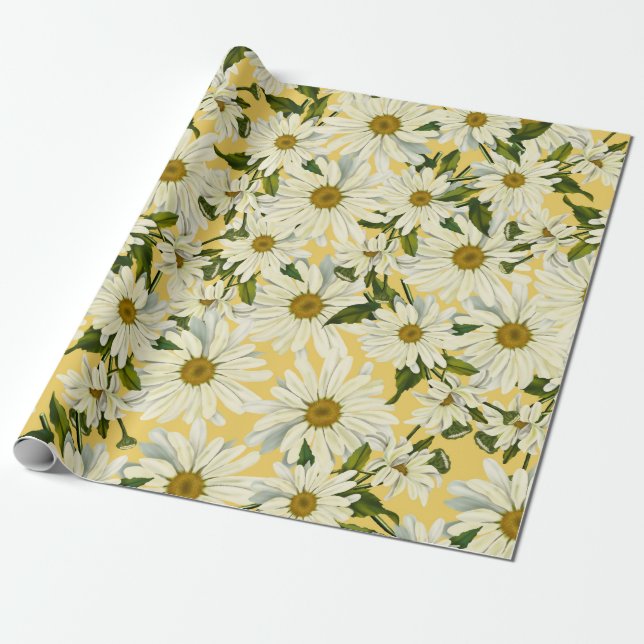 Papel De Regalo Daisies blancos Fiesta brillante amarillo de la fl (Desenrollado)