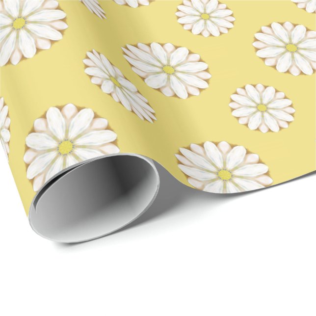 Papel De Regalo Daisies blancos sobre amarillo dorado (Esquina del rollo)