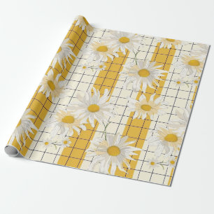 Papel De Regalo Daisies blancos sobre fondo de cuadrícula rayada a