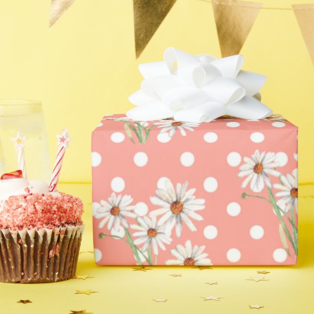 Papel De Regalo Daisies Blancos Sobre Puntos De Polka (Fiesta de cumpleaños )