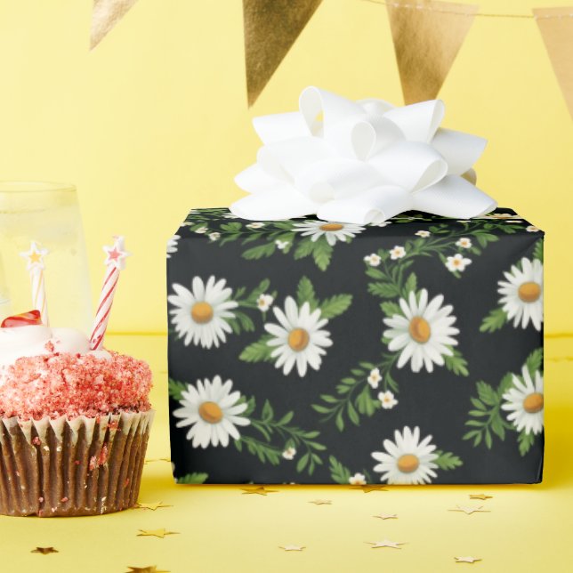 Papel De Regalo Daisies De Acuarela Sobre Negro (Fiesta de cumpleaños )