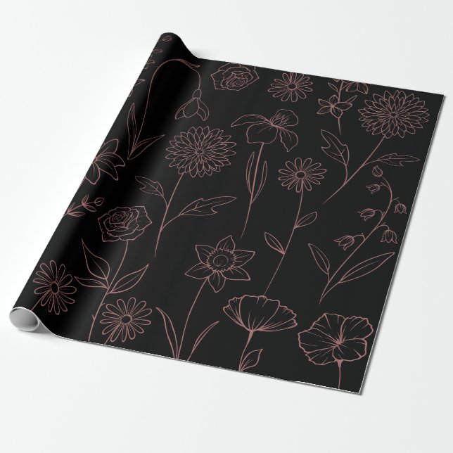 Papel De Regalo Daisies Poppies Larkspur Garden Pattern Pink Black (Desenrollado)