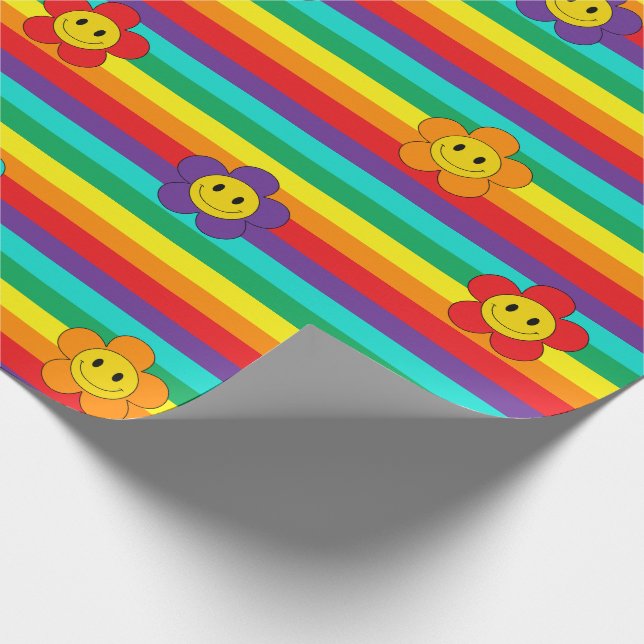 Papel De Regalo Daisies sonrientes de Emoji en franjas arcoiris (Esquina)