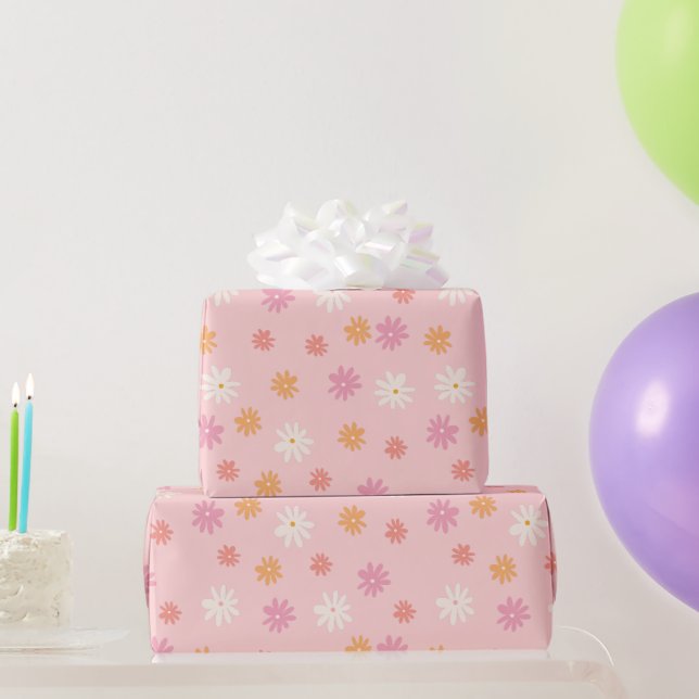 Papel De Regalo Daisy Floral rosa y Naranja retro (Regalos de fiesta)