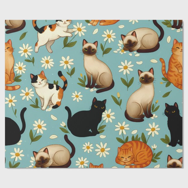 Papel De Regalo Daisy Paws Parade – Playful Cats & Blooms (Superficie plana)