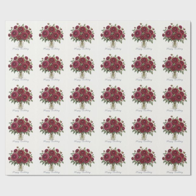 Papel De Regalo Dalias de Borgoña Feliz Cumpleaños (Superficie plana)