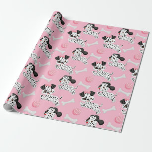 Papel De Regalo Dálmatas cachorros Black Spots Pink Toy Ball White