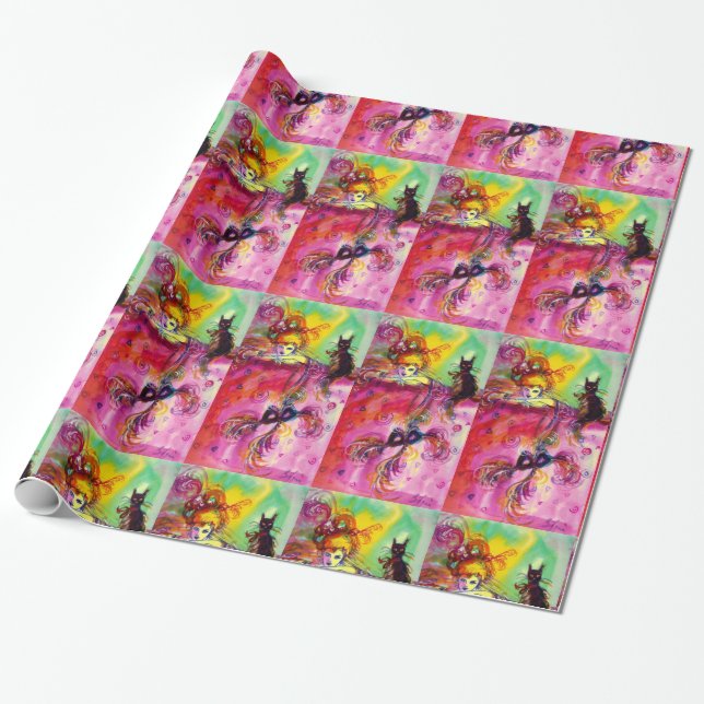Papel De Regalo DAMA CON GATO NEGRO / Mascarada veneciana (Desenrollado)