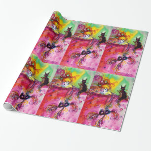 PAPEL DE REGALO DAMA CON GATO NEGRO Y MÁSCARA