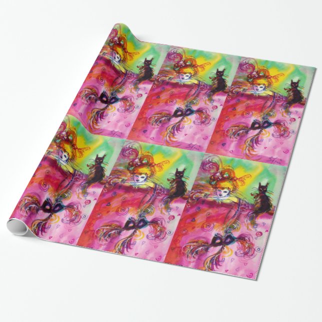 PAPEL DE REGALO DAMA CON GATO NEGRO Y MÁSCARA (Desenrollado)