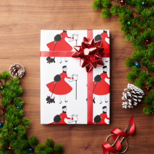 Papel De Regalo Dama de Navidad de 1950 con perro