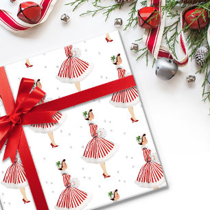 Papel De Regalo Dama de Navidad retro vintage en rojo y blanco