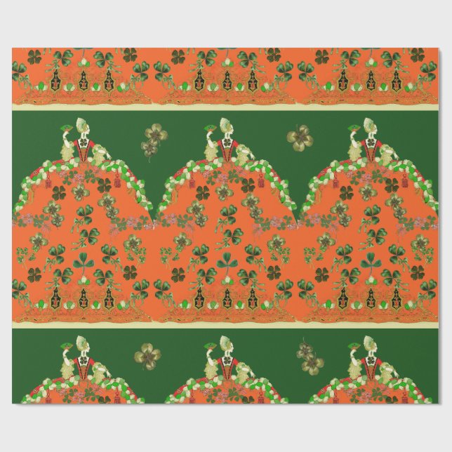 Papel De Regalo DAMA NARANJA Y SHAMROCKS St Patricks Day Green (Superficie plana)