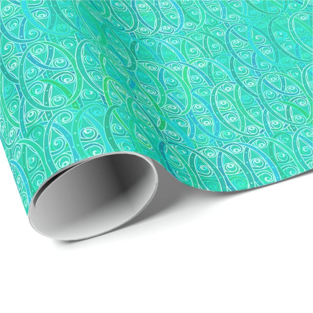 Papel De Regalo damasco árabe - aqua y turquesa (Esquina del rollo)