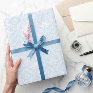 Papel De Regalo Damasco Azul y Blanco Floral Clásico Elegante