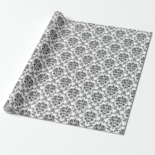 Papel De Regalo Damasco blanco y negro elegante (Desenrollado)