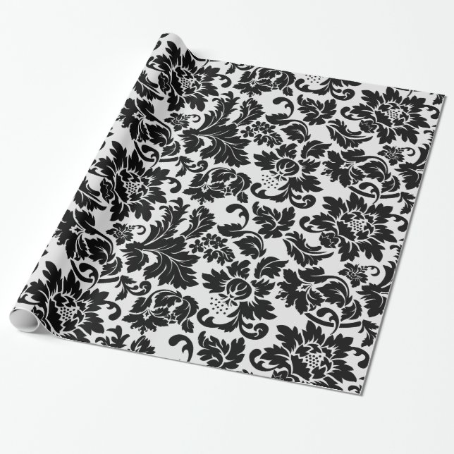 Papel De Regalo Damasco Blanco Y Negro Simple (Desenrollado)