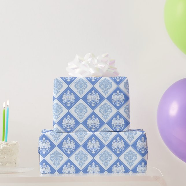 Papel De Regalo Damasco con placa azul (Regalos de fiesta)