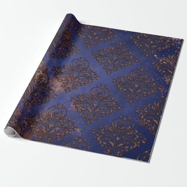 Papel De Regalo Damasco de cobre en azul morado (Desenrollado)