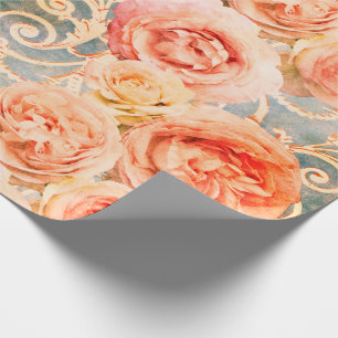 Papel De Regalo Damasco de color coral con Rosa floral vintado