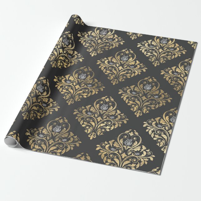 Papel De Regalo Damasco de cosecha gris y dorada (Desenrollado)