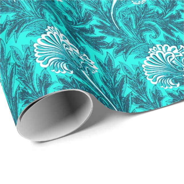 Papel De Regalo Damasco de flores jacobinas, azul turquesa y azul  (Esquina del rollo)