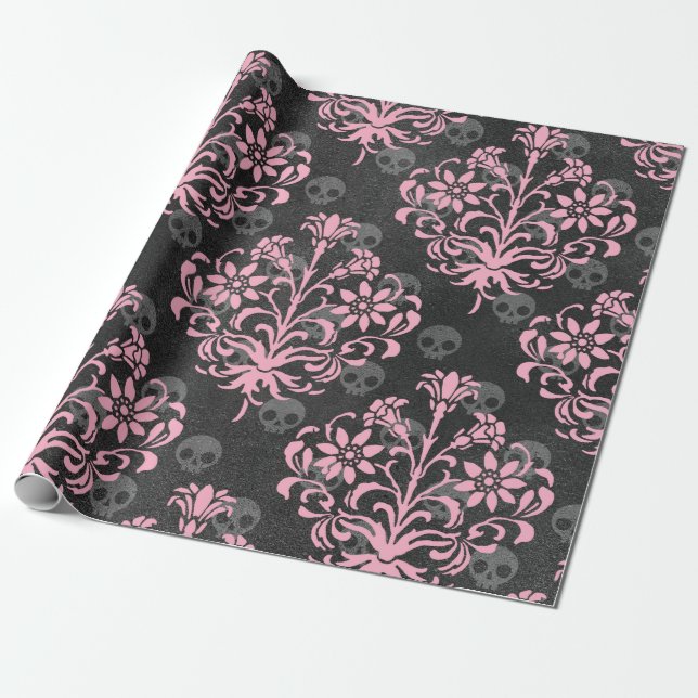 Papel De Regalo Damasco de flores rosadas con calaveras en gris (Desenrollado)