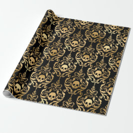 Papel De Regalo Damasco de Halloween negro y oro
