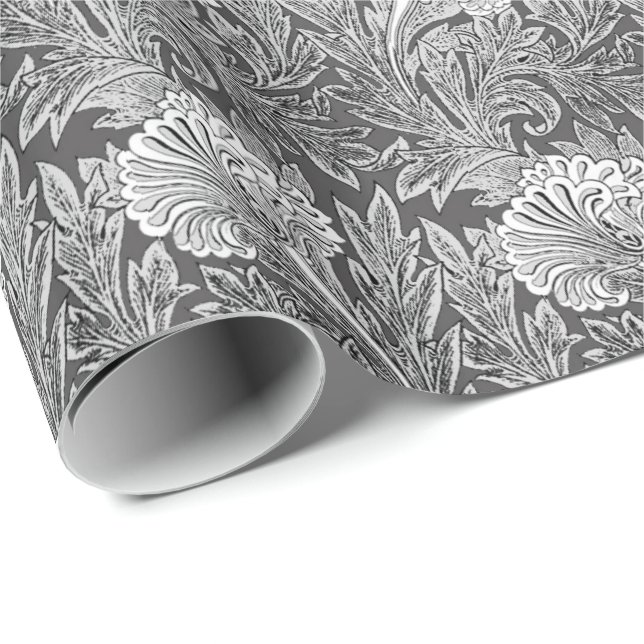 Papel De Regalo Damasco de la flor, gris jacobeo/gris y blanco (Esquina del rollo)