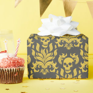 Papel De Regalo Damasco de la llama del cráneo en amarillo carnoso