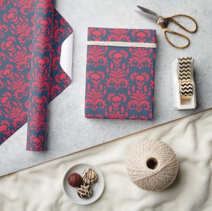 Papel De Regalo Damasco de llamas de cráneo en choque rojo en azul