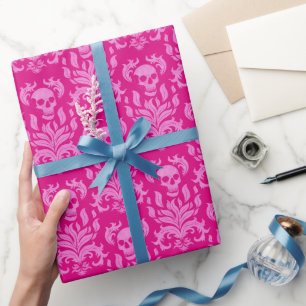Papel De Regalo Damasco de llamas de cráneo en rosa efecto purpuri