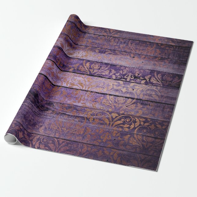 Papel De Regalo Damasco de oro en madera morada (Desenrollado)