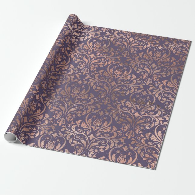 Papel De Regalo Damasco de oro Rosa en morado (Desenrollado)