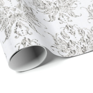 Papel De Regalo Damasco de plata y blanco