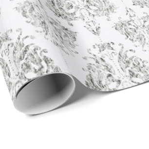 Papel De Regalo Damasco de plata y blanco